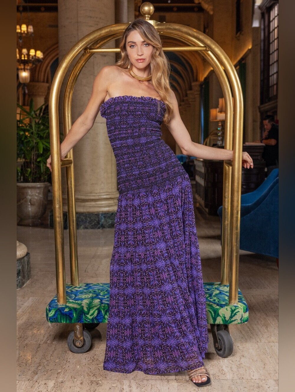 Allison New York | Scout Purple Floral Smocked Strapless Maxi Dress Size XS